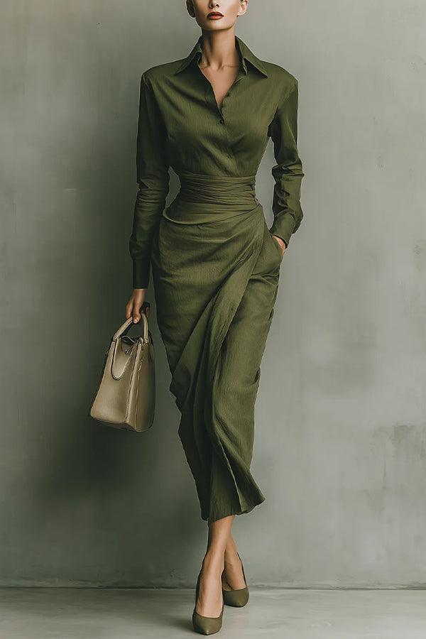 Meliora | Collared Button-Front Draped-Waist Midi Dress for Women