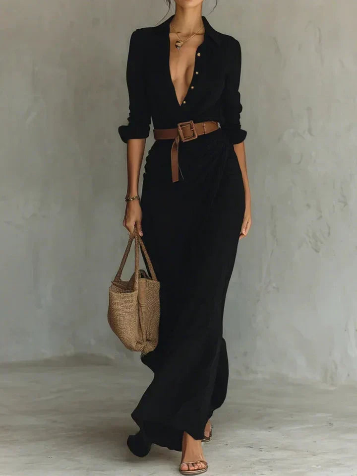 Una | Lapel V-Neck Belted Wrap Maxi Dress for Women