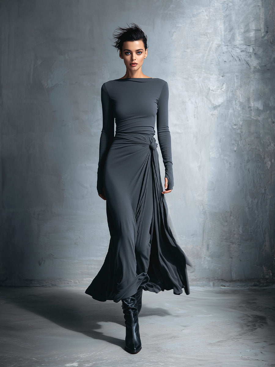 Yasmina | Long-Sleeve Side-Tie Draped Maxi Dress for Women