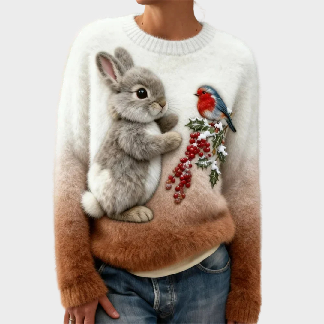 Mikkaela – Plush Christmas Sweater with Festive Rabbit