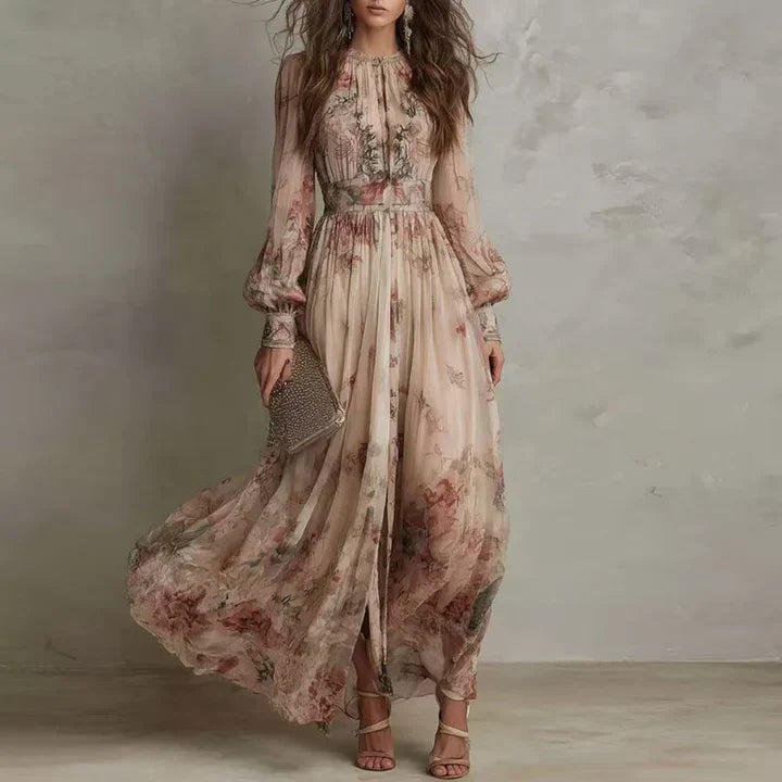Amelie | Vintage Floral High-Neck Maxi Dress for Women
