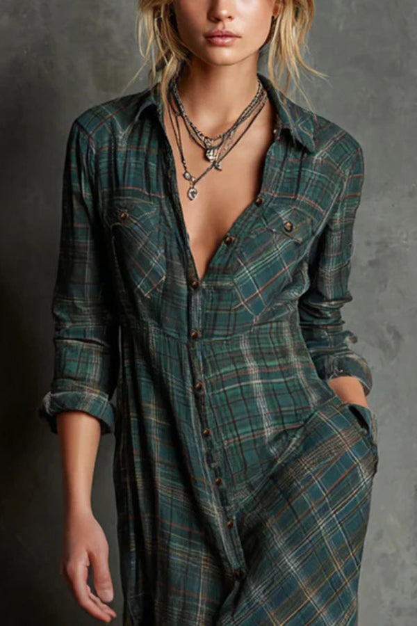 Ailene | Plaid Button-Front Long-Sleeve Maxi Shirt Dress for Women