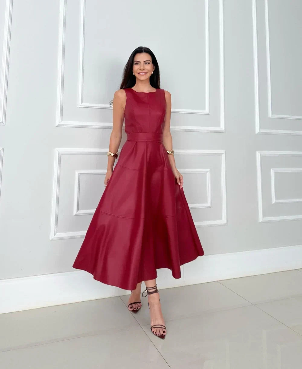 Tanya – Sleek Faux Leather Midi Dress