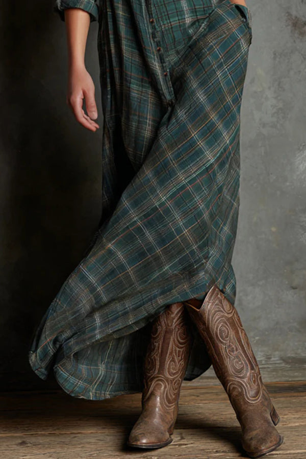 Ailene | Plaid Button-Front Long-Sleeve Maxi Shirt Dress for Women
