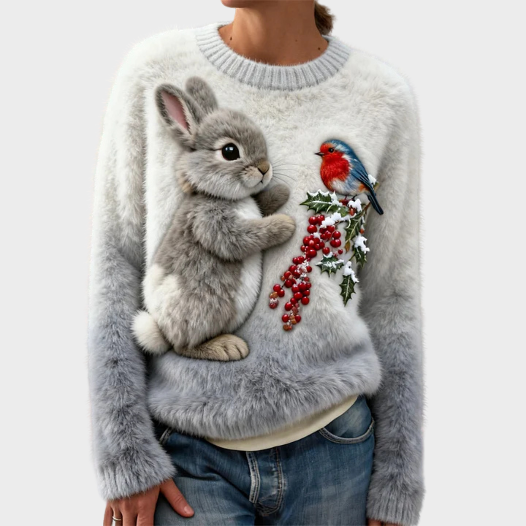Mikkaela – Plush Christmas Sweater with Festive Rabbit