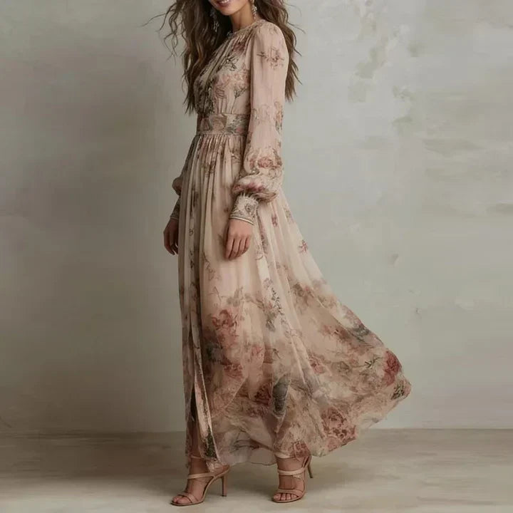 Amelie | Vintage Floral High-Neck Maxi Dress for Women