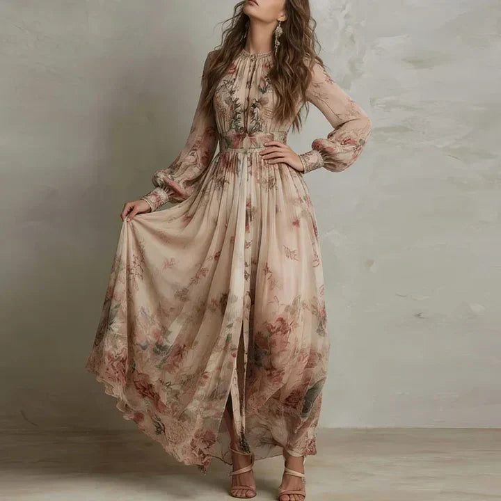 Amelie | Vintage Floral High-Neck Maxi Dress for Women