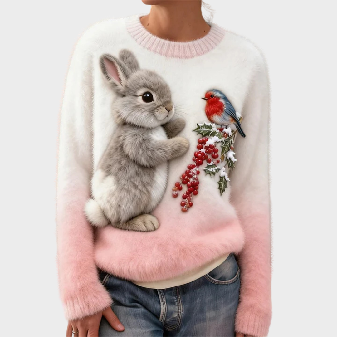 Mikkaela – Plush Christmas Sweater with Festive Rabbit