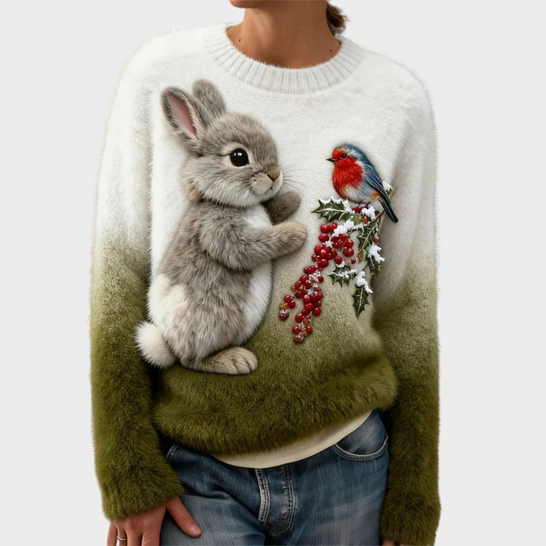 Mikkaela – Plush Christmas Sweater with Festive Rabbit