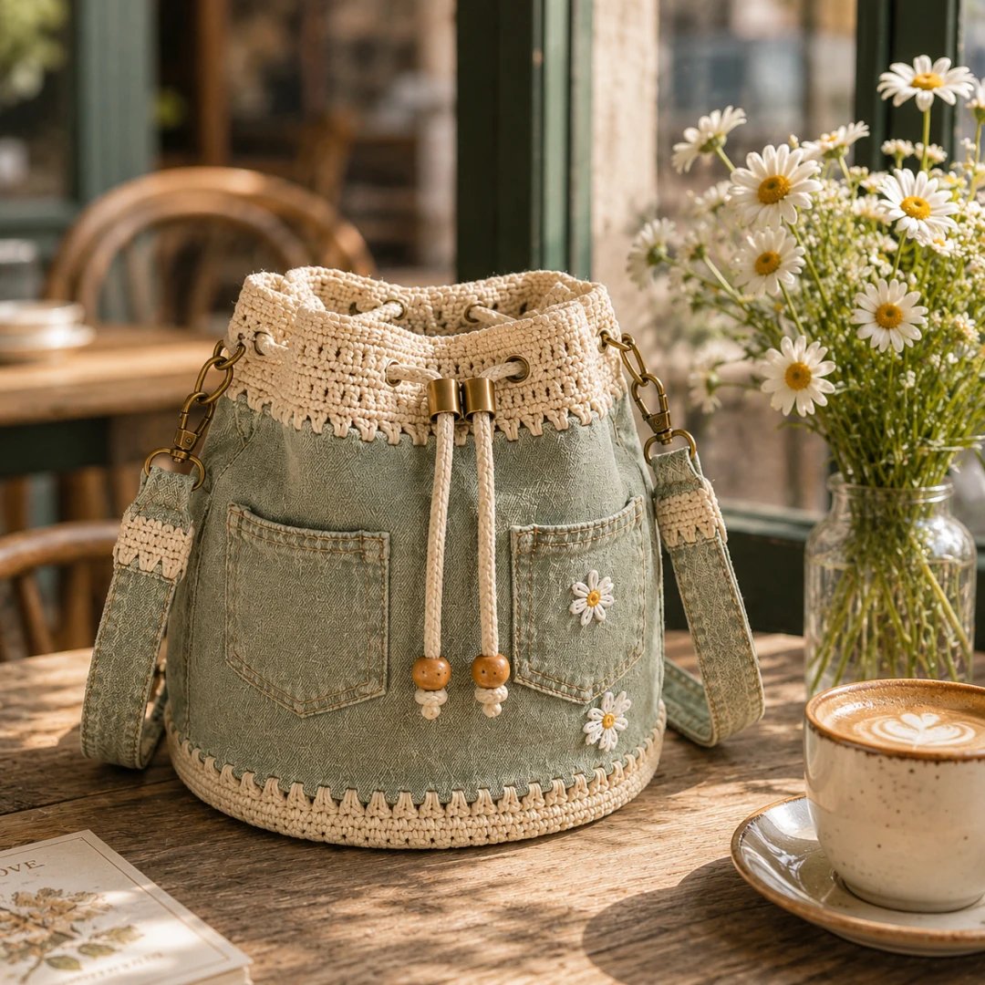 Camille™ | Crochet Denim Bucket Bag