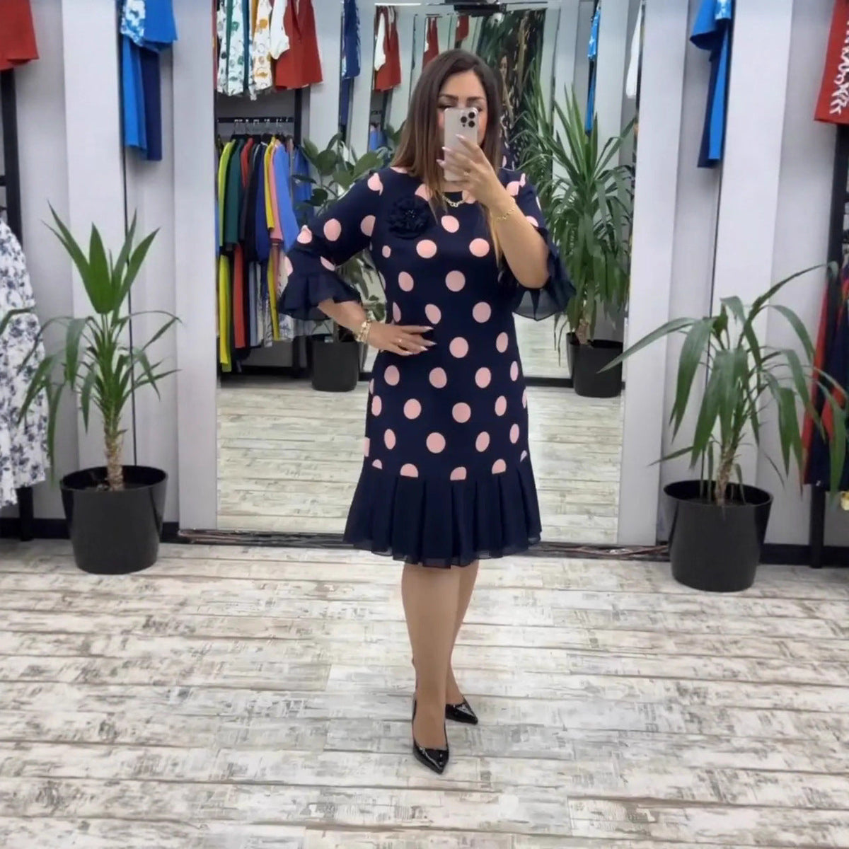 Linna - Pleated Polka Dot Midi Dress