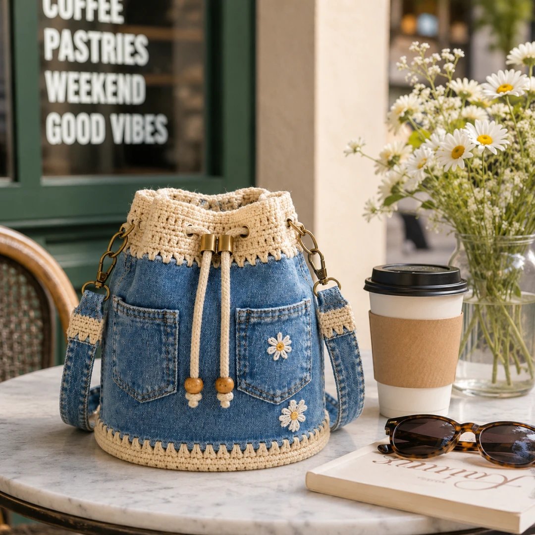 Camille™ | Crochet Denim Bucket Bag