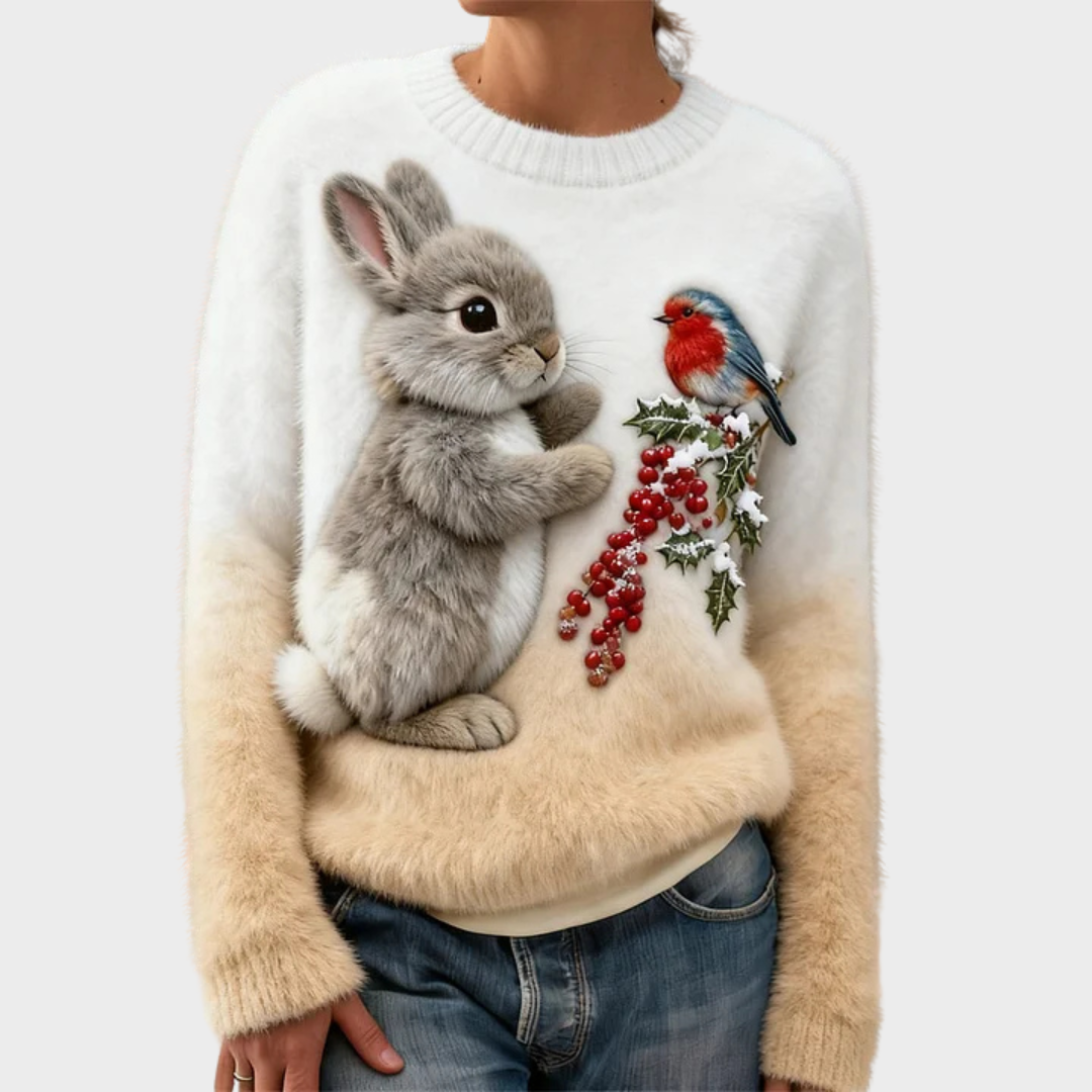 Mikkaela – Plush Christmas Sweater with Festive Rabbit