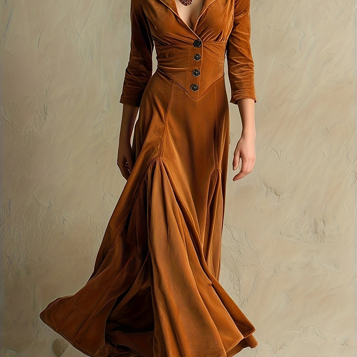 Elowenna | Collared V-Neck Button-Front 7/8-Sleeve Midi Dress for Women