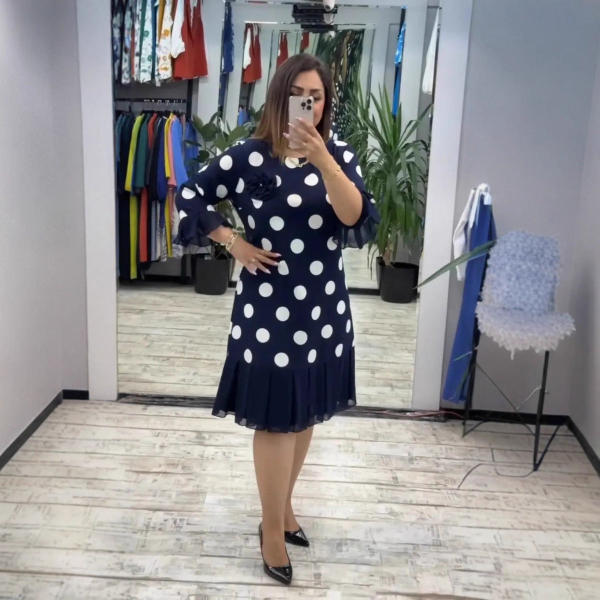Linna - Pleated Polka Dot Midi Dress