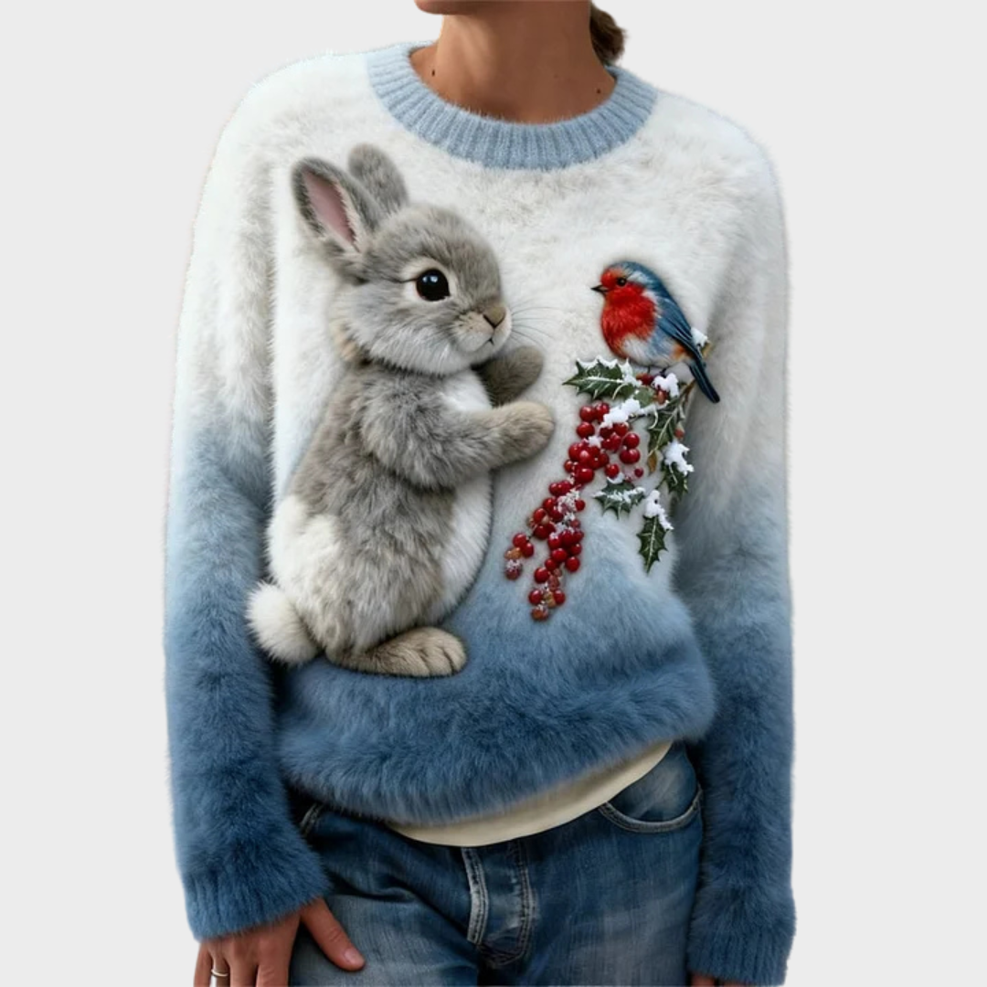 Mikkaela – Plush Christmas Sweater with Festive Rabbit