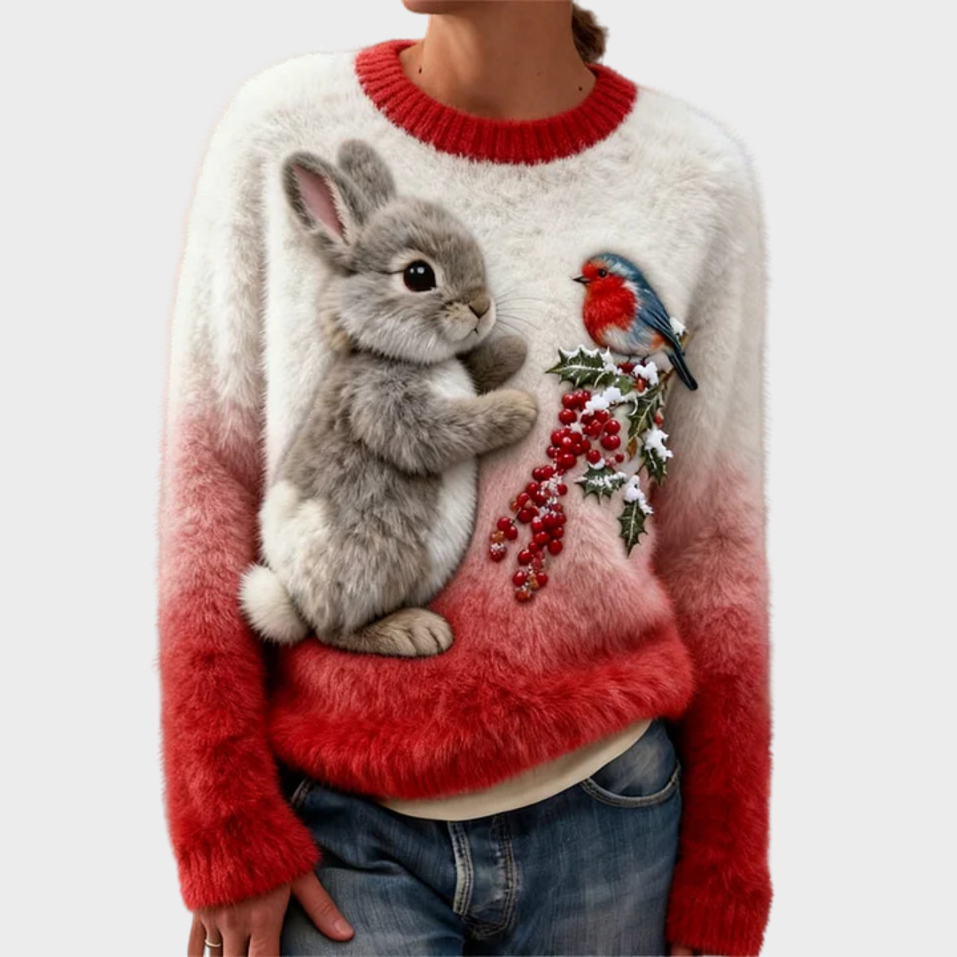 Mikkaela – Plush Christmas Sweater with Festive Rabbit