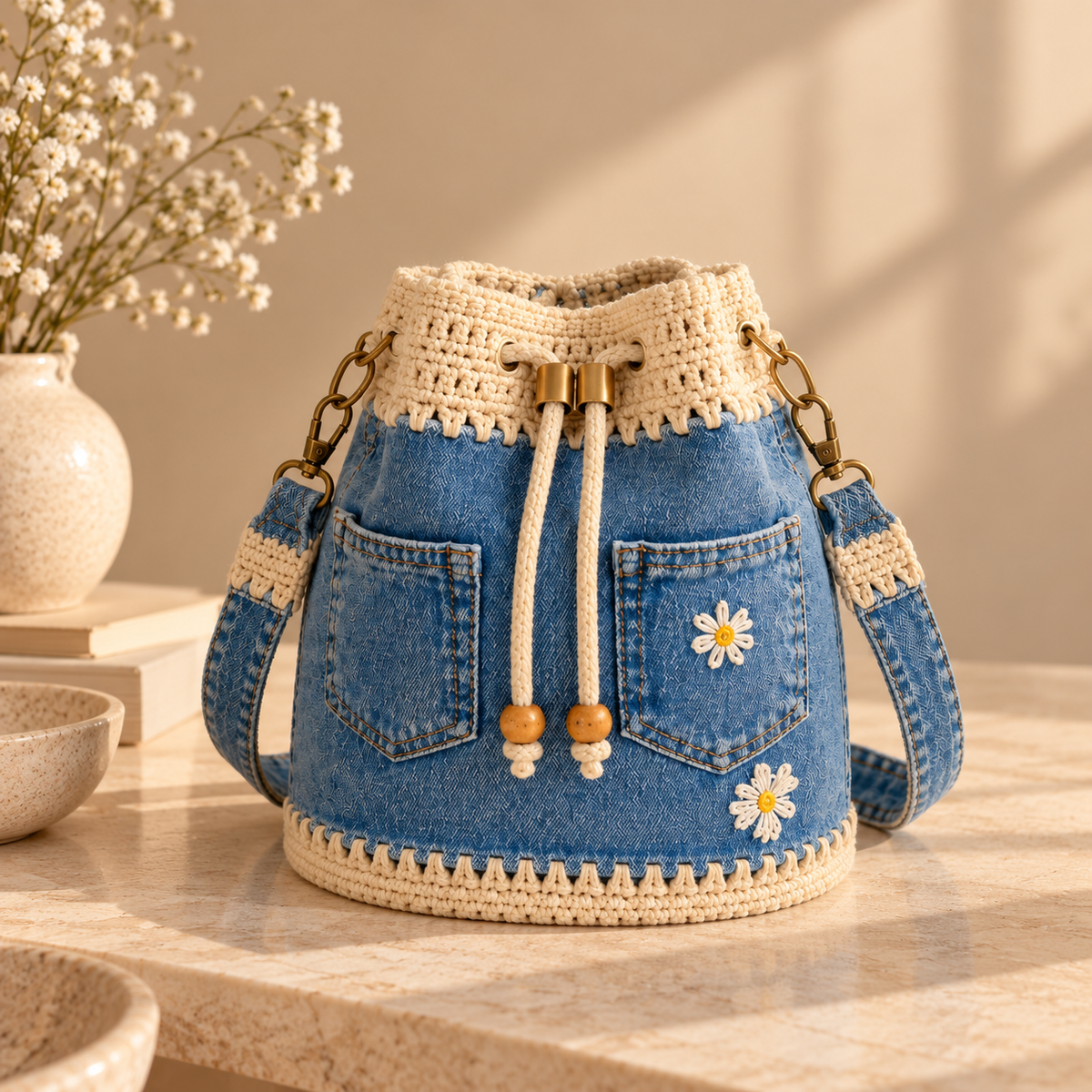 Camille™ | Crochet Denim Bucket Bag