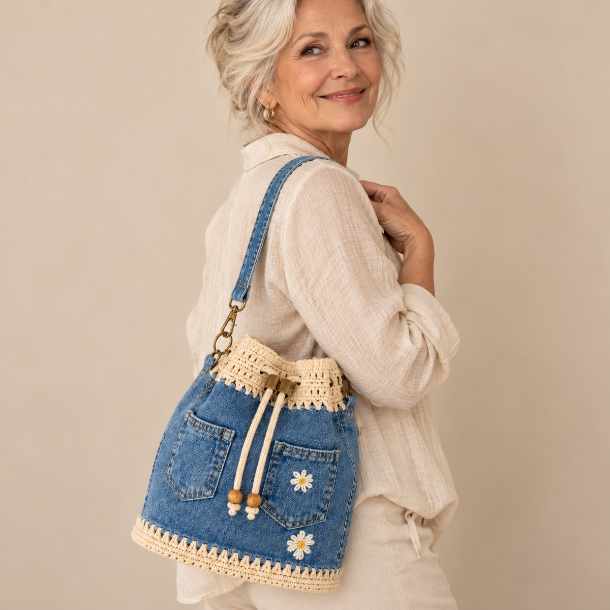 Camille™ | Crochet Denim Bucket Bag