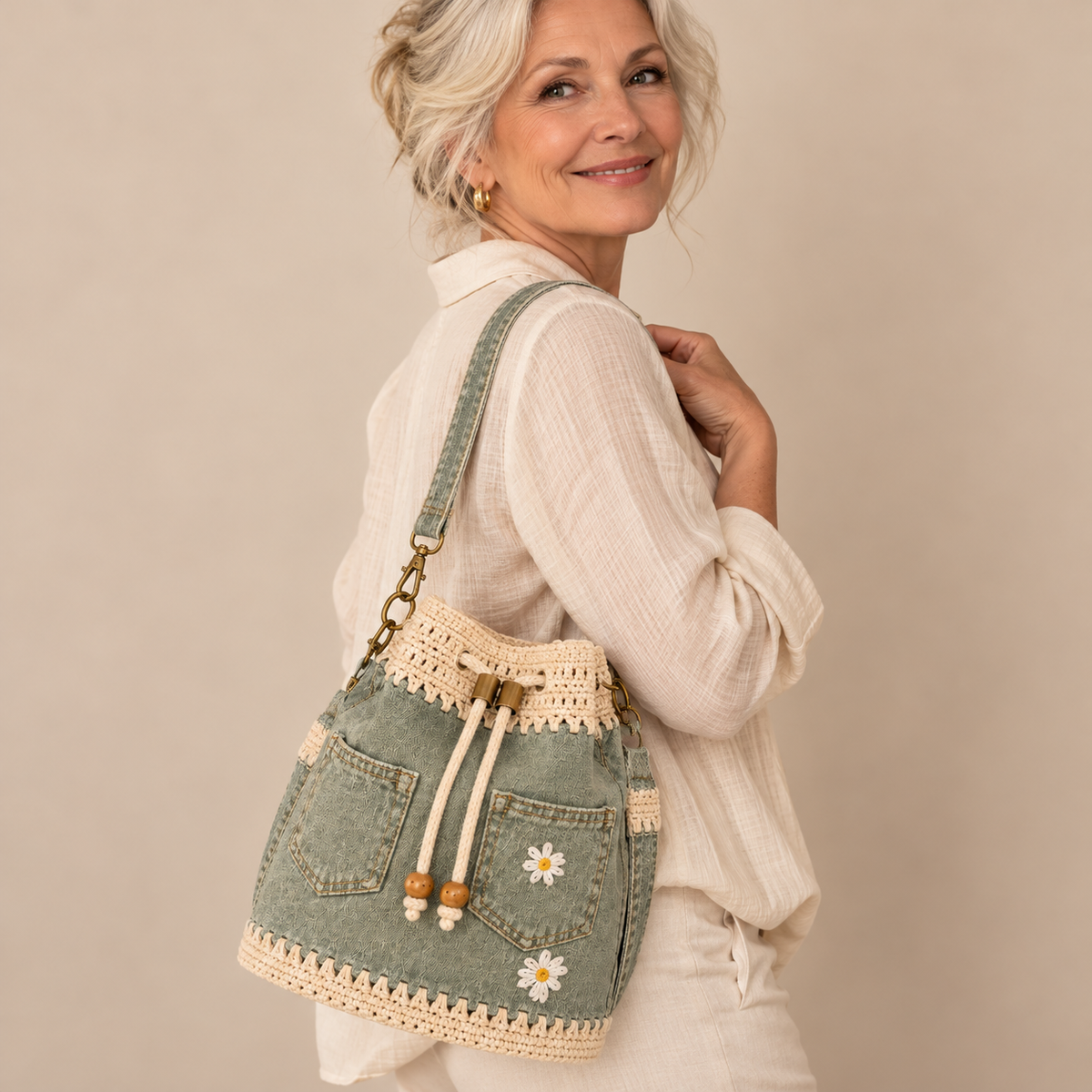 Camille™ | Crochet Denim Bucket Bag