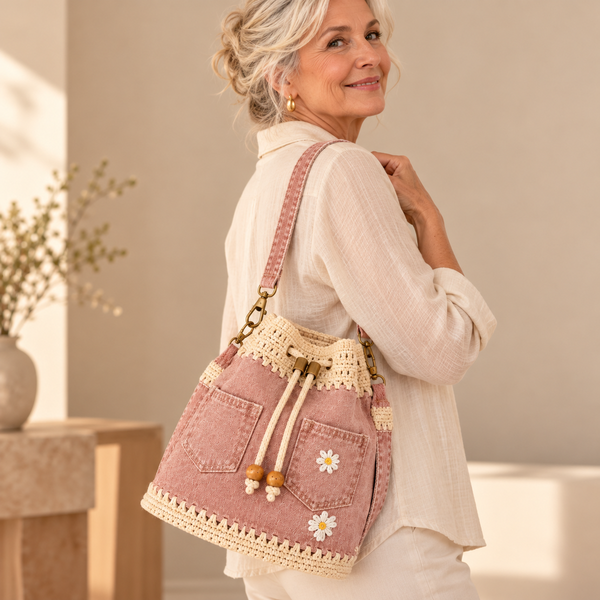 Camille™ | Crochet Denim Bucket Bag
