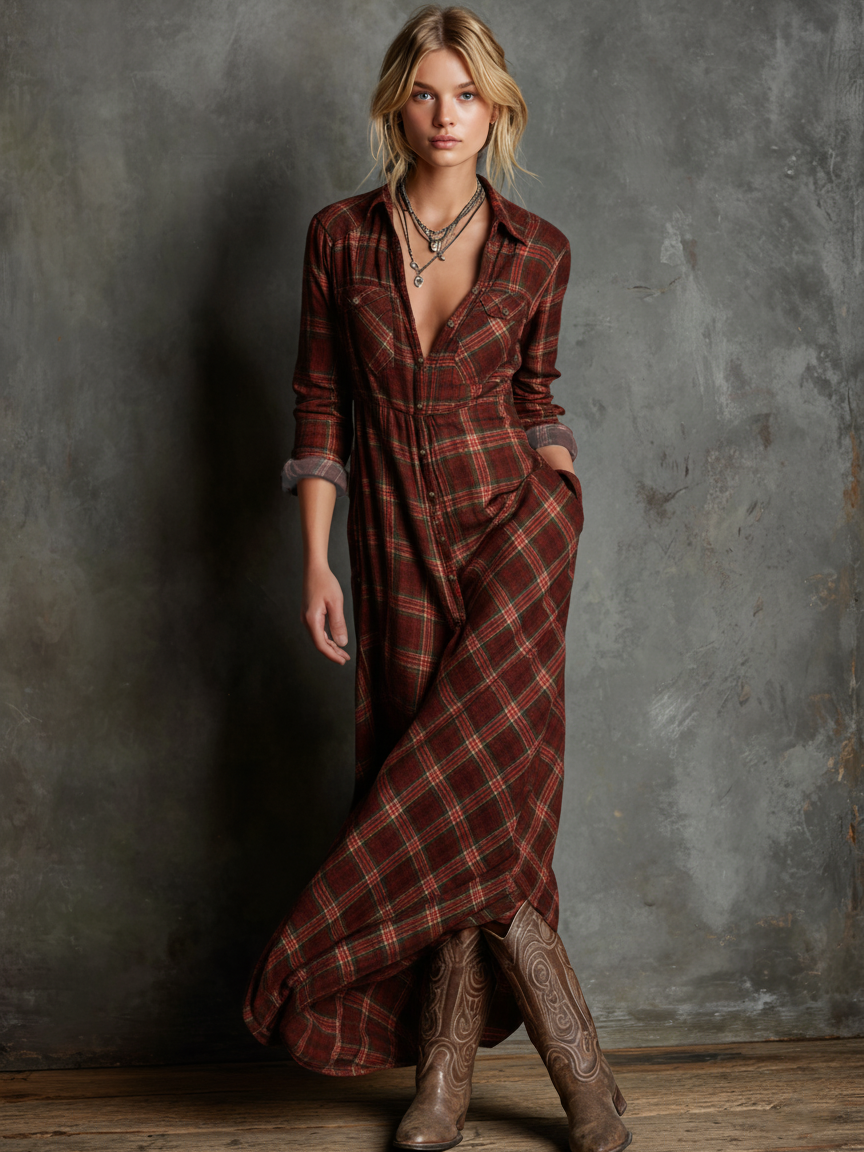 Ailene | Plaid Button-Front Long-Sleeve Maxi Shirt Dress for Women