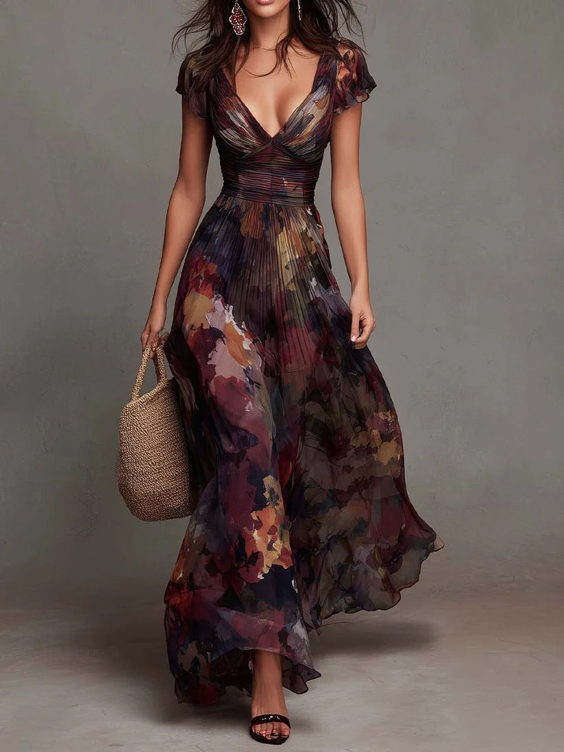Camellia | Watercolor Floral Pleated Maxi Dress for Women