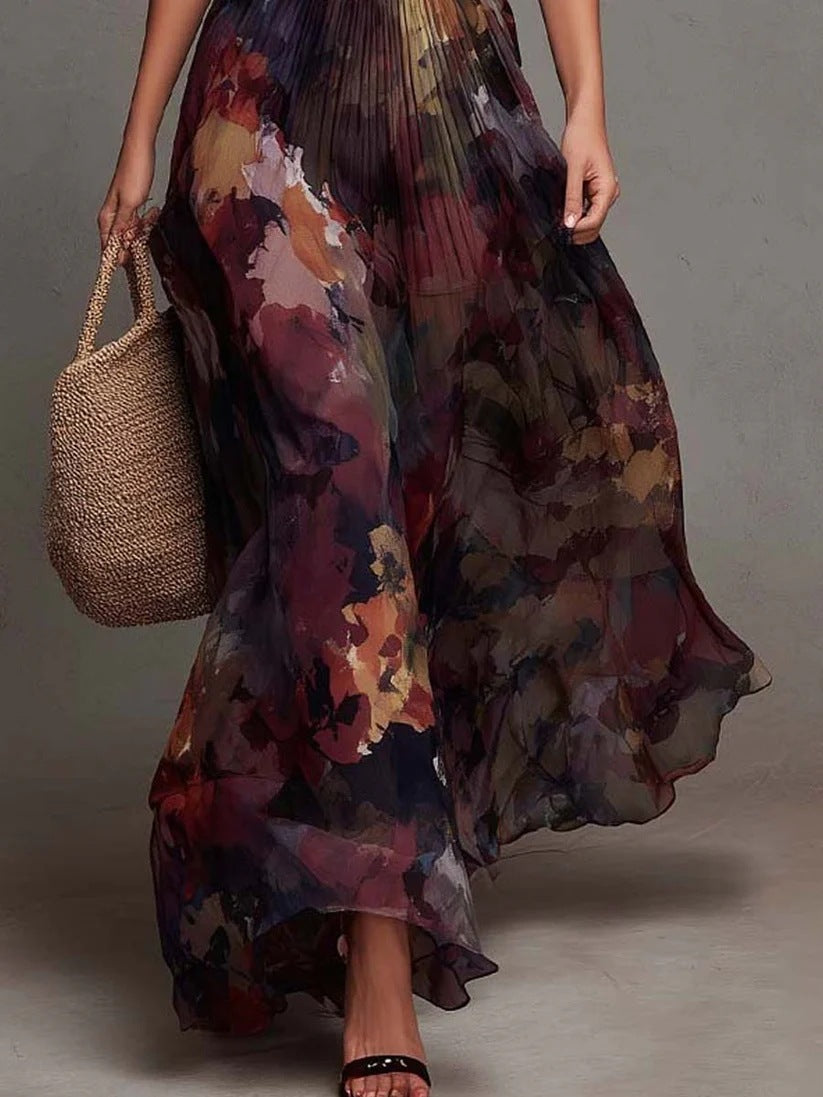 Camellia | Watercolor Floral Pleated Maxi Dress for Women
