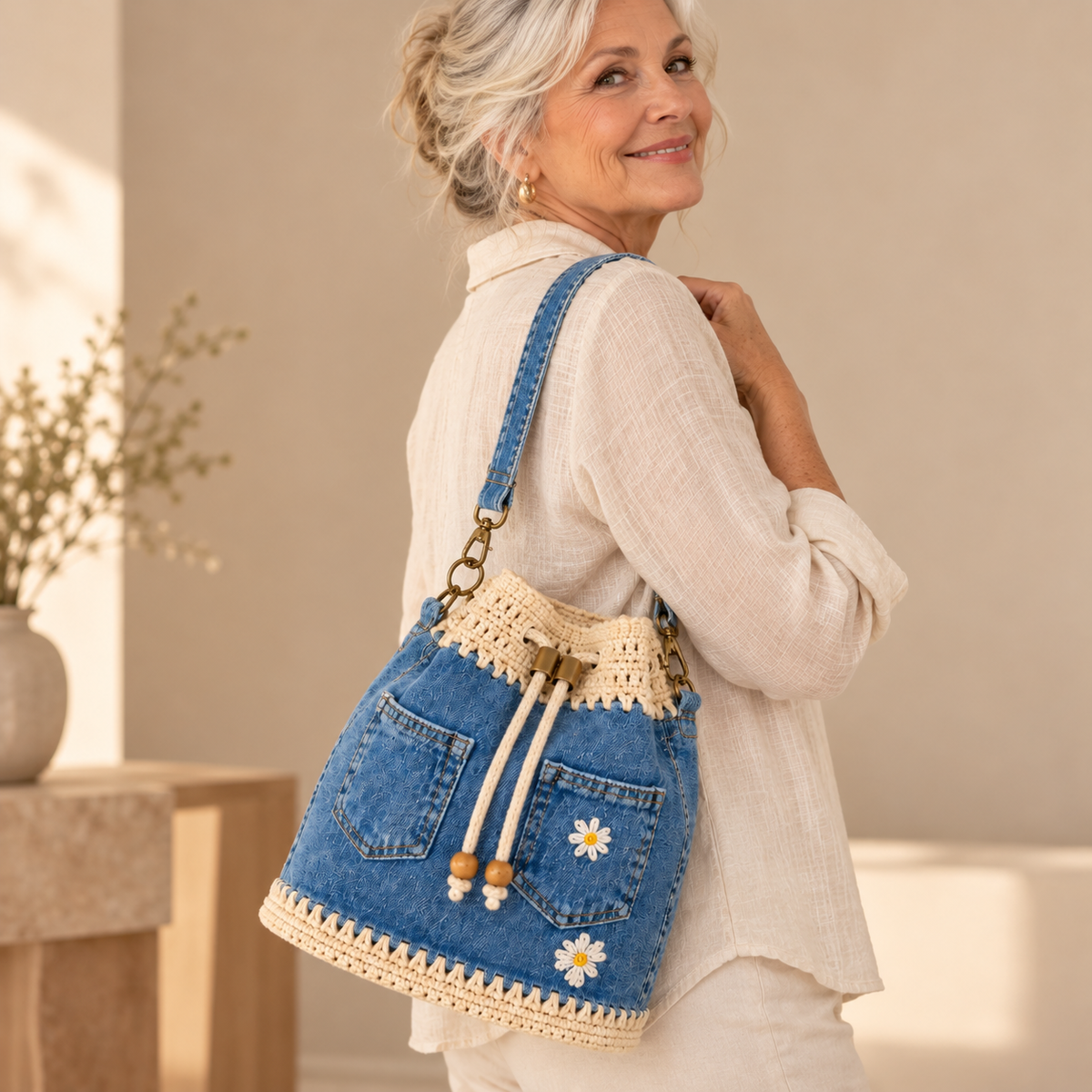 Camille™ | Crochet Denim Bucket Bag
