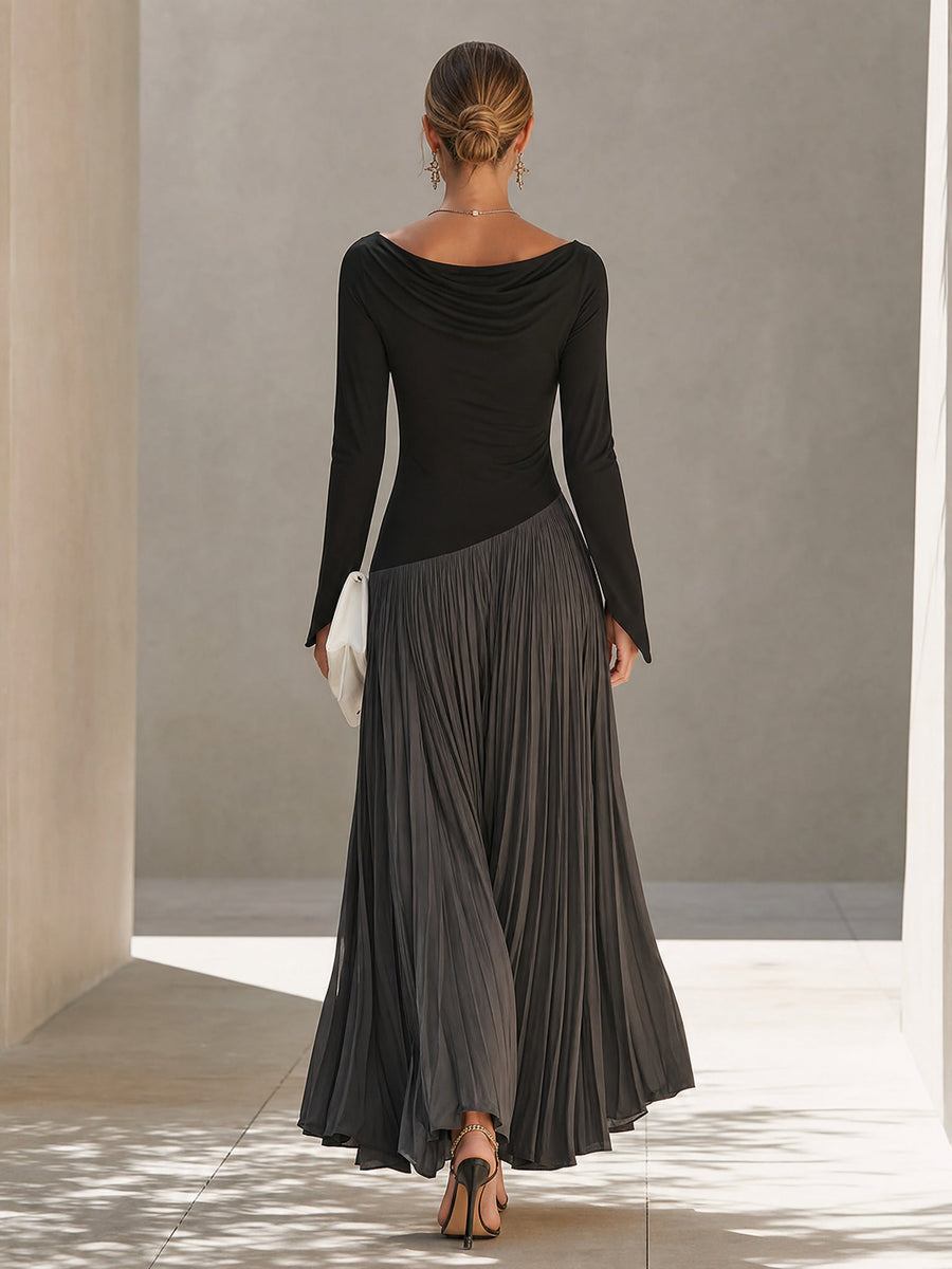 Peggy | Two-Tone Draped-Neck Long-Sleeve Maxi Dress for Women