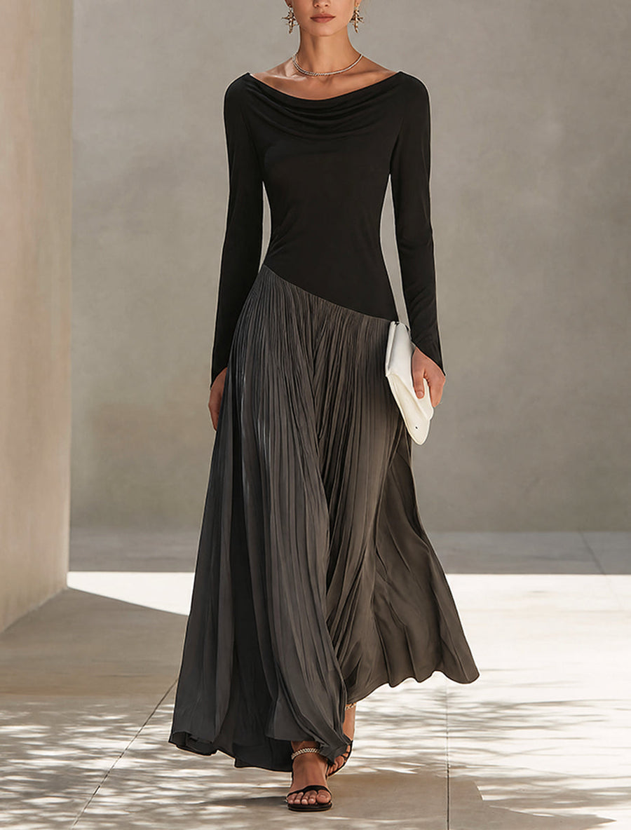 Peggy | Two-Tone Draped-Neck Long-Sleeve Maxi Dress for Women