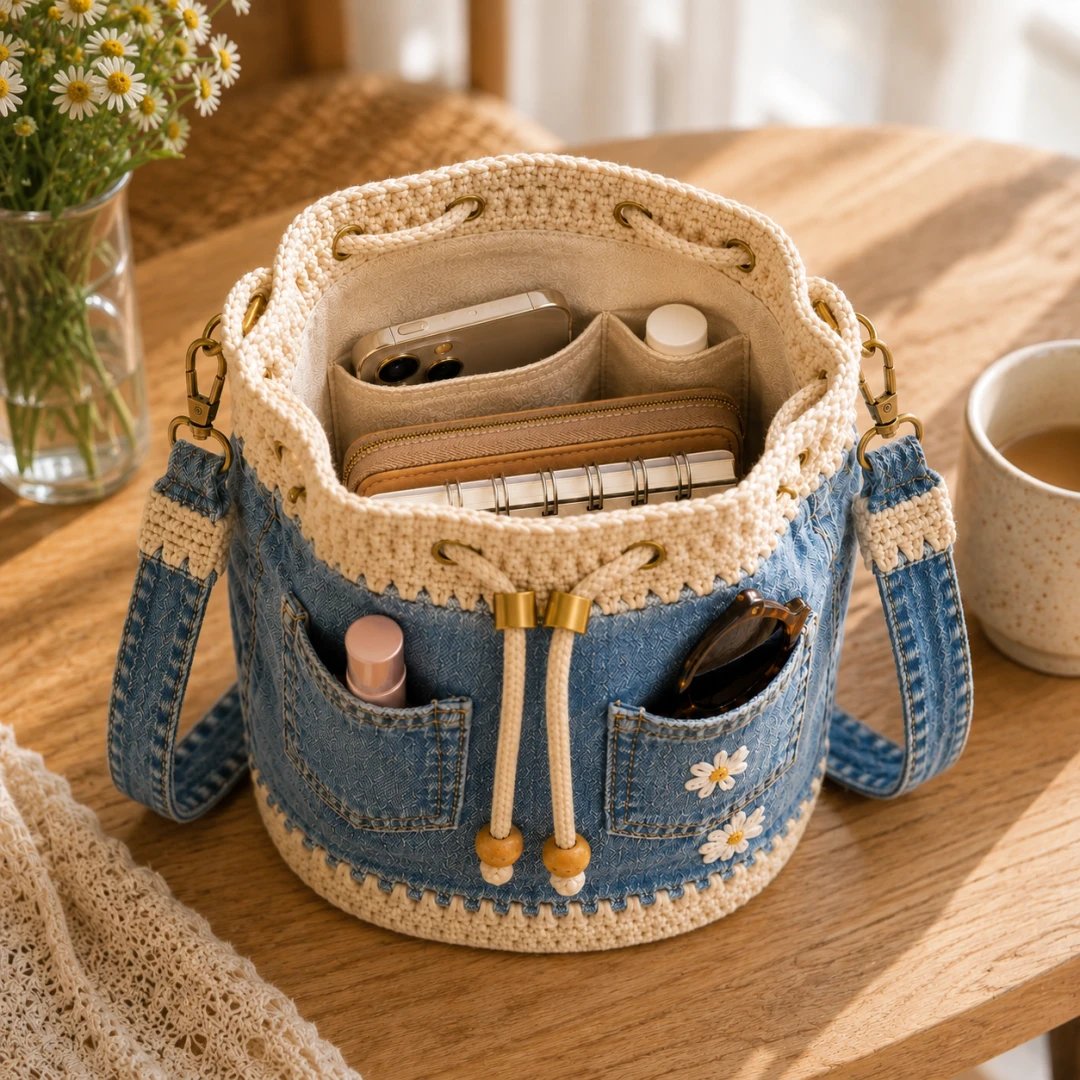 Camille™ | Crochet Denim Bucket Bag