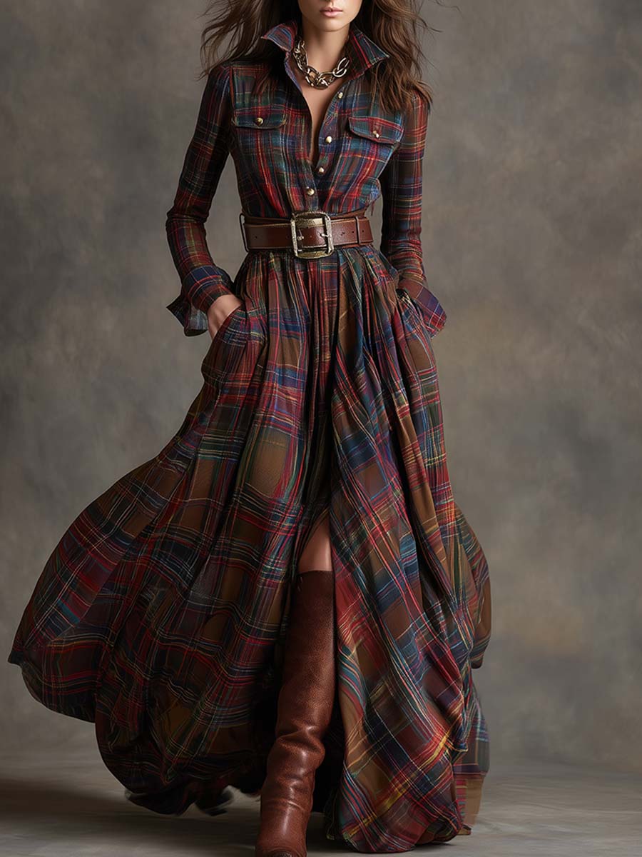 Henrietta | Belted Button-Front Long-Sleeve Maxi Shirt Dress for Women