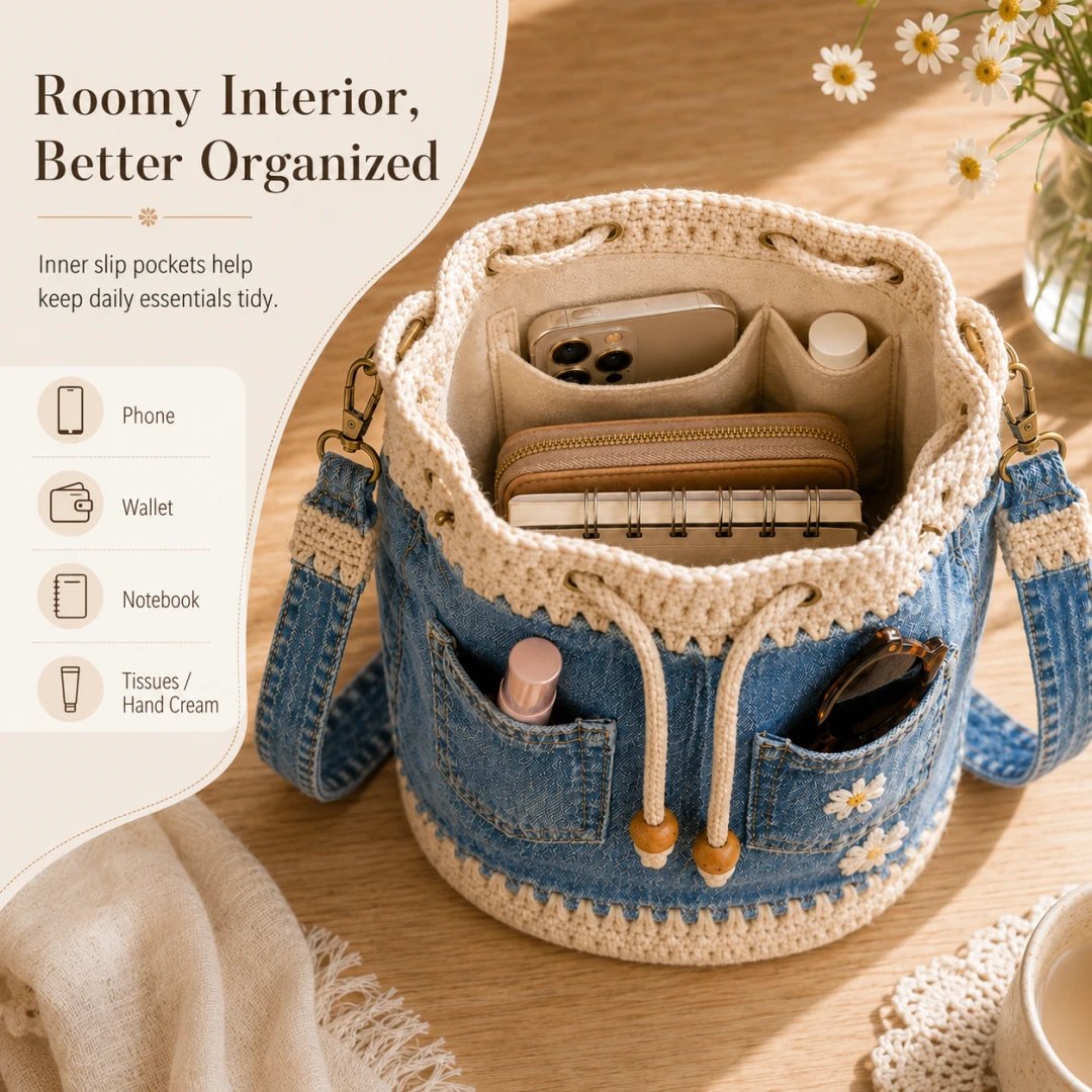 Camille™ | Crochet Denim Bucket Bag