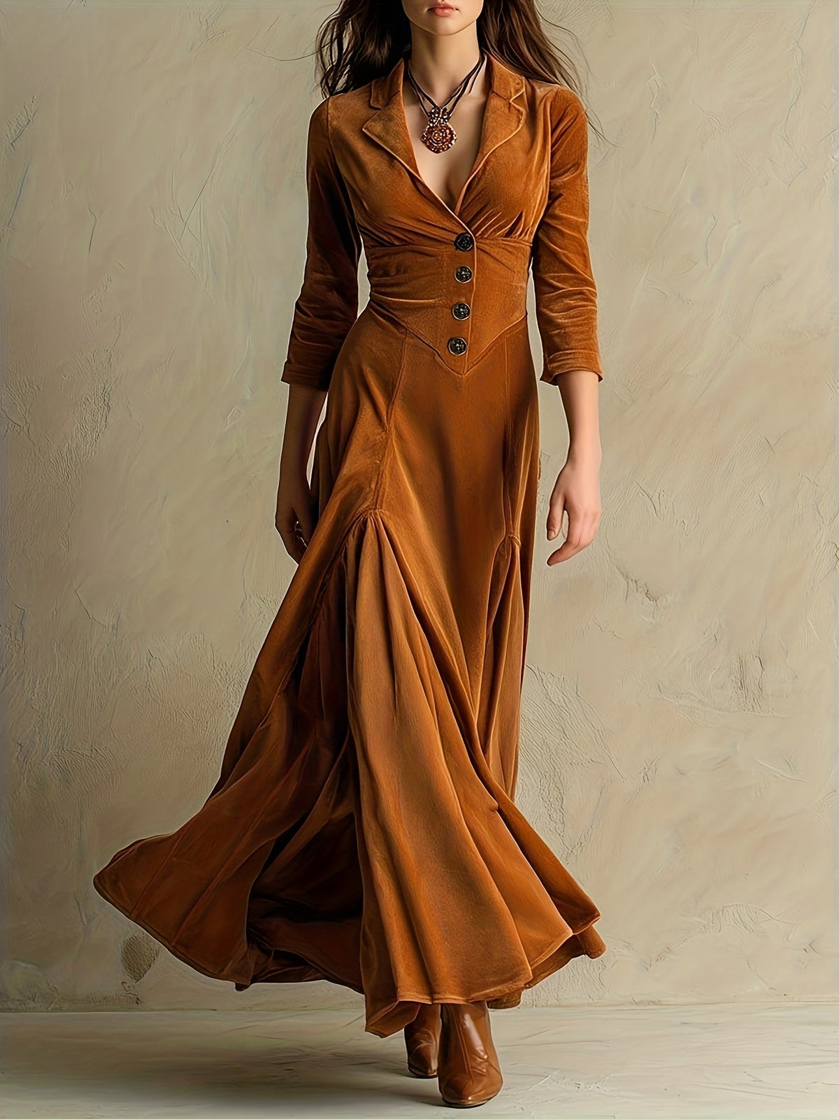 Elowenna | Collared V-Neck Button-Front 7/8-Sleeve Midi Dress for Women