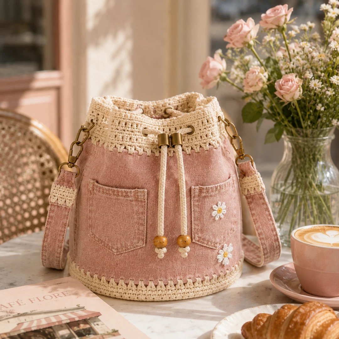 Camille™ | Crochet Denim Bucket Bag