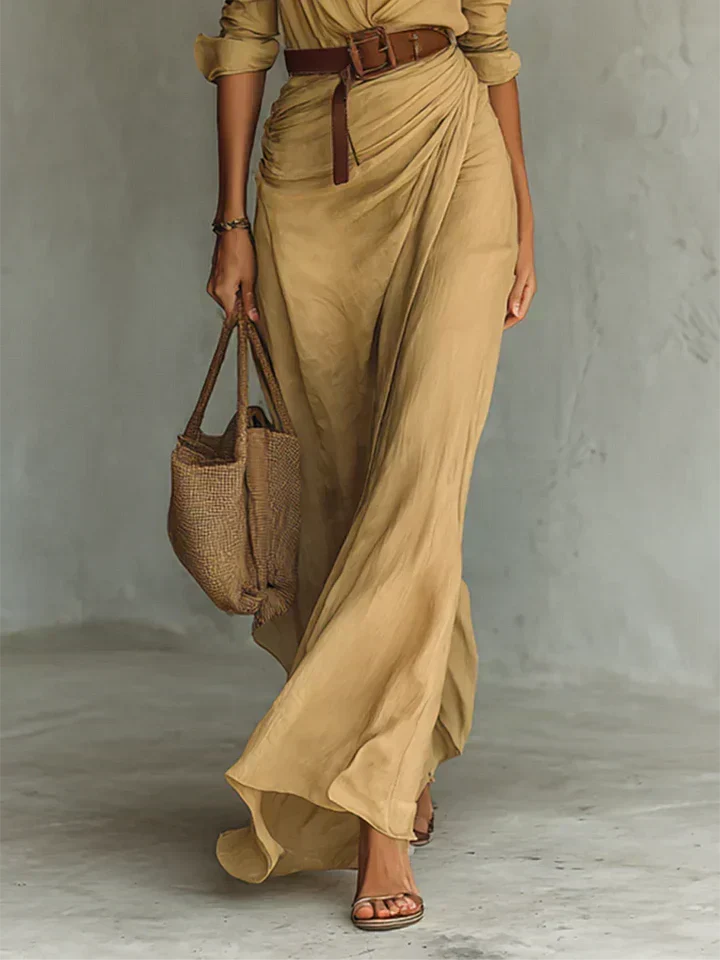 Una | Lapel V-Neck Belted Wrap Maxi Dress for Women
