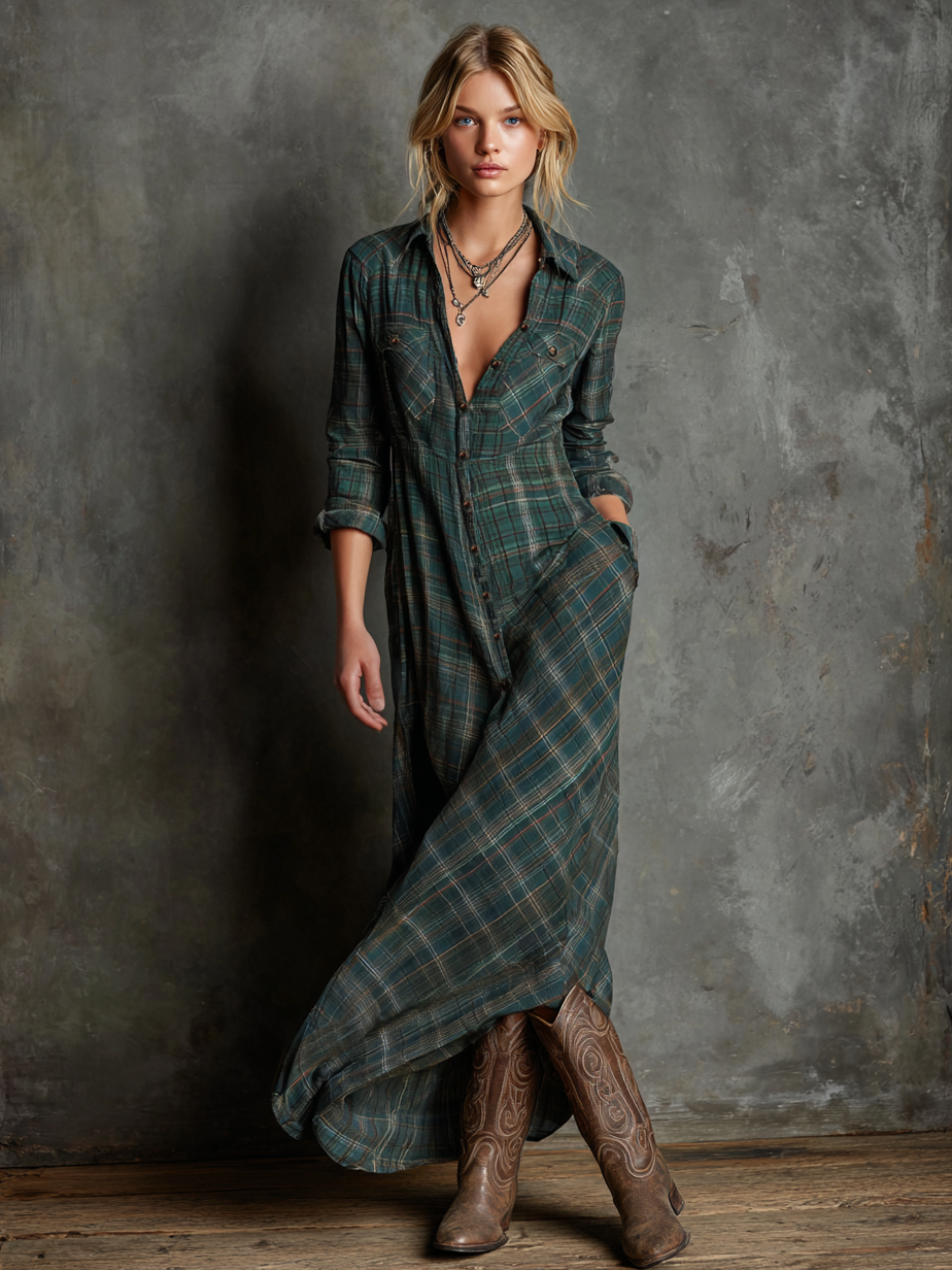 Ailene | Plaid Button-Front Long-Sleeve Maxi Shirt Dress for Women