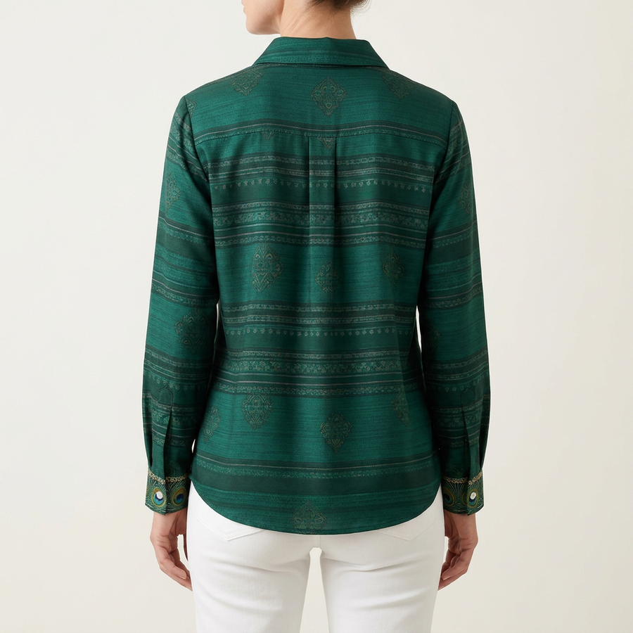Sofia | Peacock Feather Print Button-Front Blouse