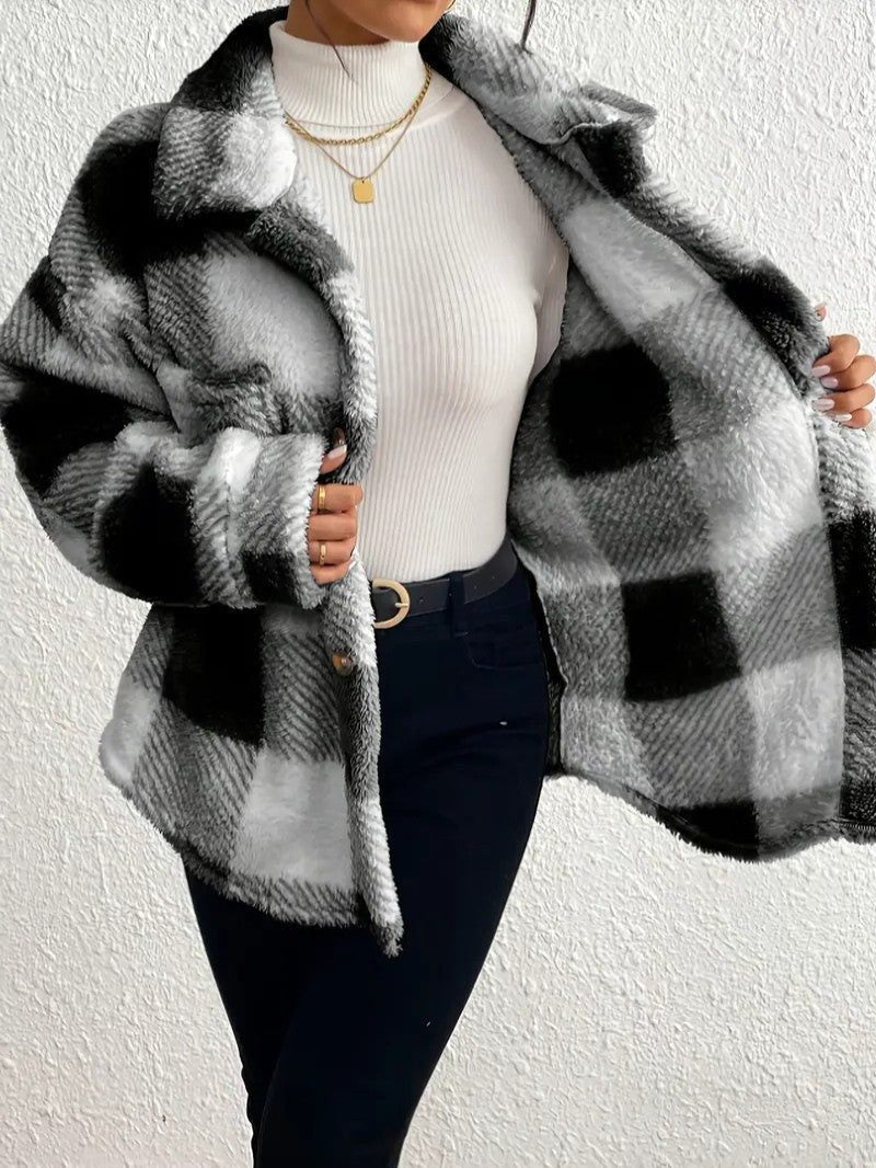 Maurelle | Plaid Oversized Button-Up Fluffy Jacket for Women