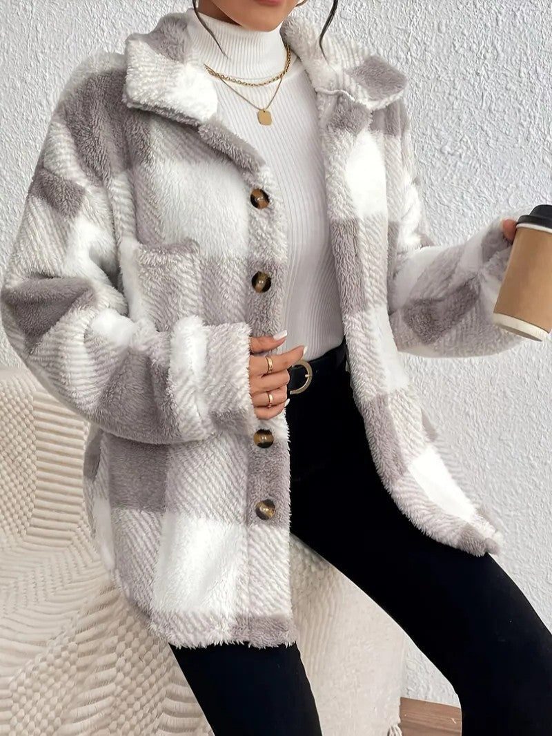 Maurelle | Plaid Oversized Button-Up Fluffy Jacket for Women